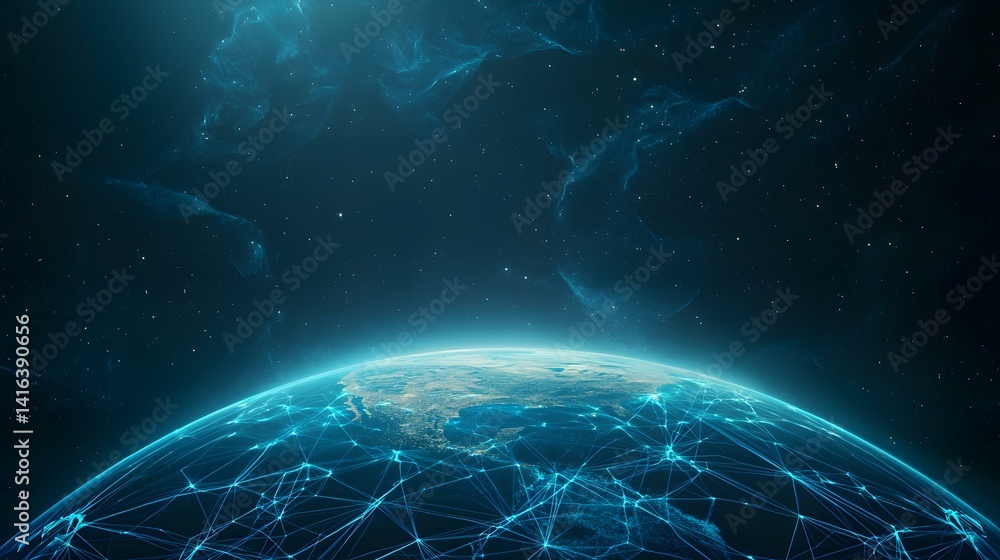 Poster the image shows a stylized depiction of earth from space, with a network of glowing blue lines conne