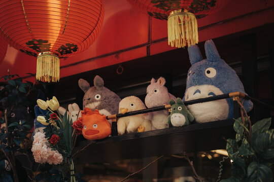 Nagasaki, Japan - April 2 2025: Dolls and souvenir character of My Neighbor Totoro for sell and show in souvenir shop. Totoro is one of the most popular anime Under the production of Studio Ghibli.