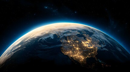 Fototapeta premium The image shows a nighttime view of Earth from space, focusing on North America with its city lights illuminated against the darkness of space and the planet's oceans and clouds.