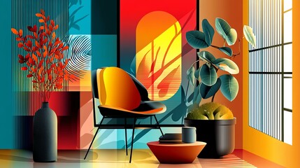 relaxing living room vibe Vibrant and modern interior decor featuring stylish furniture and plants in a colorful, bright space, creating a warm atmosphere.
