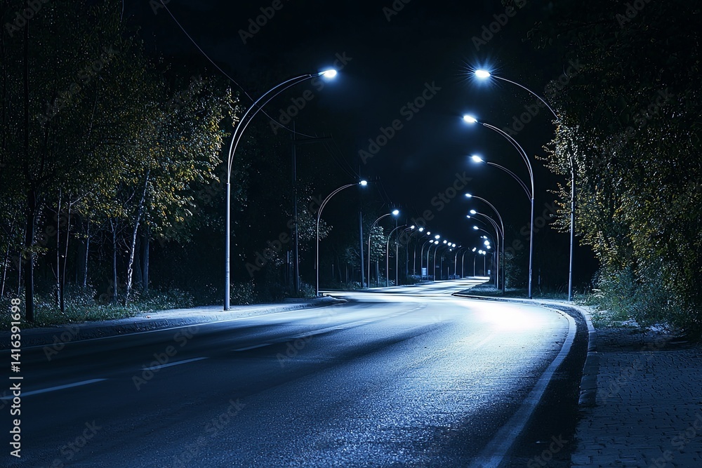 Poster high-speed motion blur effect of a nighttime road with bright lights and dark sky creating a dynamic