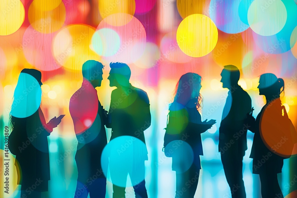 Poster abstract illustration of diverse silhouettes with colorful thought bubbles representing ideas and co