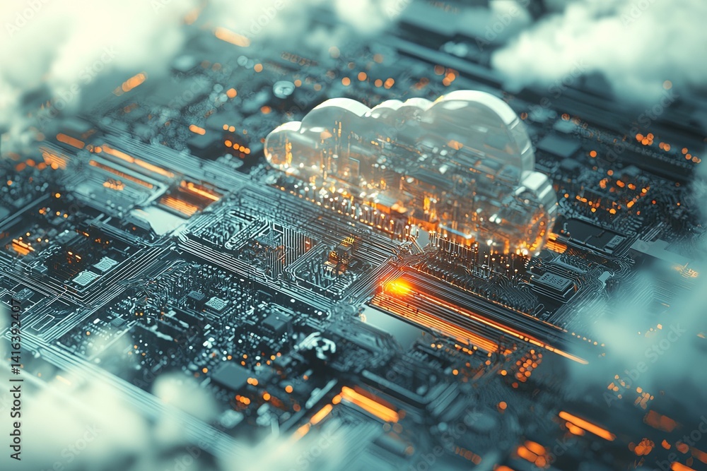 Poster digital cloud technology illustration showcasing data transfer, network connectivity, computing reso
