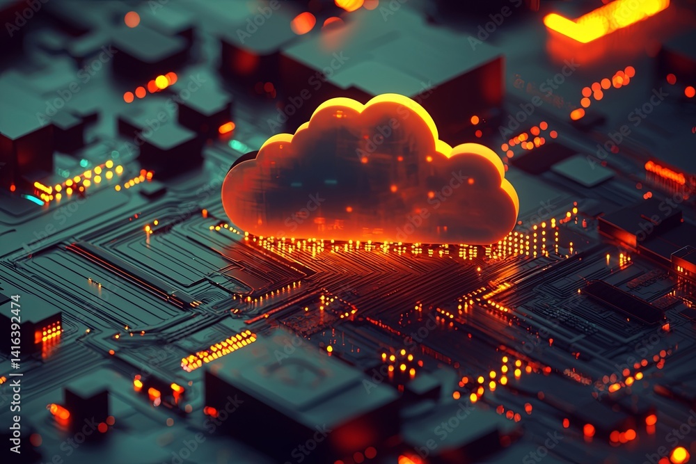 Poster digital cloud technology illustration showcasing data transfer, network connectivity, computing reso