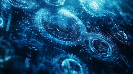 Abstract Blue Gears in Oceanic Environment, Abstract image of blue gears submerged in a textured, ocean-like environment