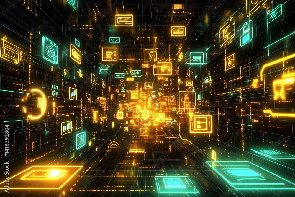 Poster futuristic digital landscape with neon cubes and icons representing technology, data processing, and