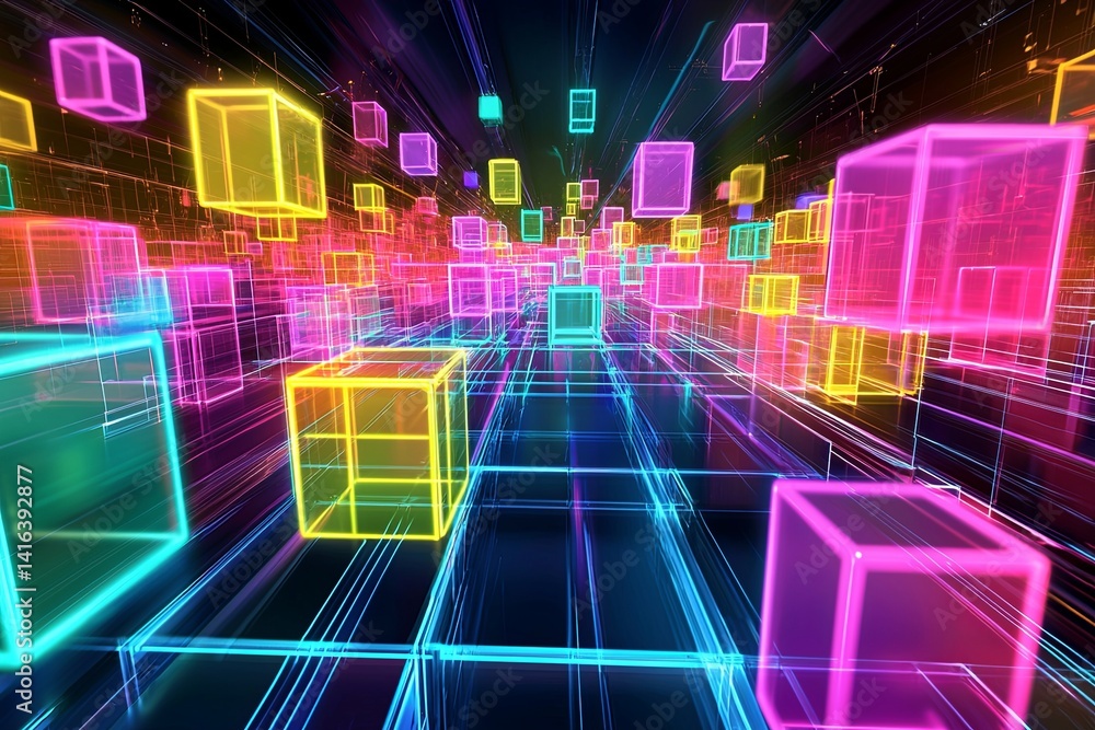 Poster futuristic digital landscape with neon cubes and icons representing technology, data processing, and