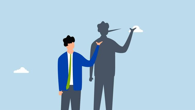 Trust, 4k animation of dishonesty businessman lying with Pinocchio long nose shadow.
