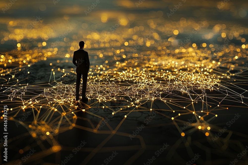 Poster businessman standing before world map with digital network connections representing global data and 
