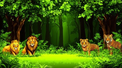 Naklejka premium Enchanting woodland scene featuring majestic lions and sleek cheetahs amidst lush greenery and dappled sunlight artistic exploration of wildlife