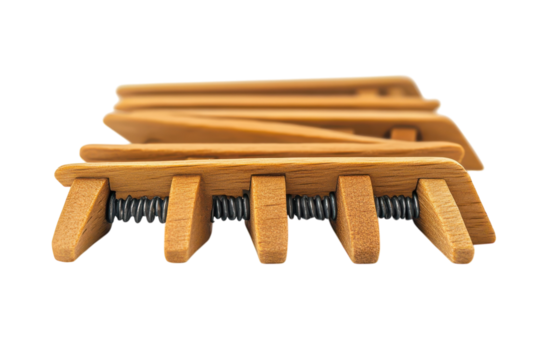 Intricate Wooden Puzzle with Spring Mechanisms Detailed Close up Shot on Black Background Showing Craftsmanship and Unique Design on transparent background