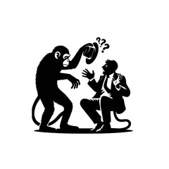 Black silhouette vector of a monkey stealing a hat from a surprised man on white background