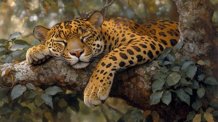 Tranquil slumber of a jaguar resting on a weathered tree branch under a green canopy reflecting its wild and secretive life in the jungle