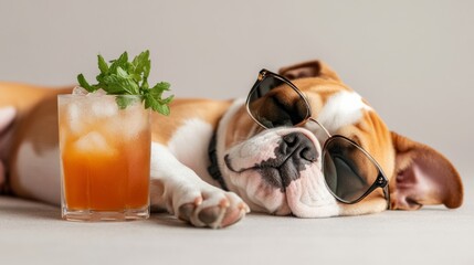 bulldog in sunglasses, holding cocktail with both paws, isolated on plain background. dog's comical
