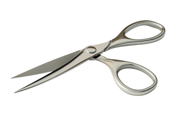 Elegant silver scissors isolated on black background showcasing precision craftsmanship and sharp blades perfect for cutting fabric paper on transparent background