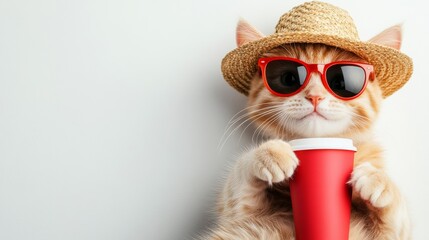 funny ginger cat with wearing stylish sunglasses, isolated on background with copy space