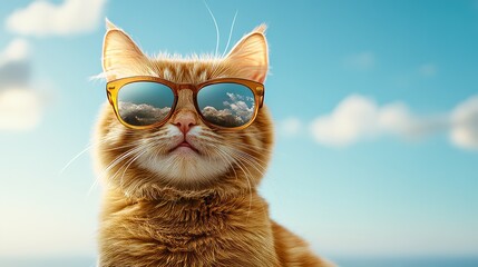 funny ginger cat with wearing stylish sunglasses, isolated on background with copy space