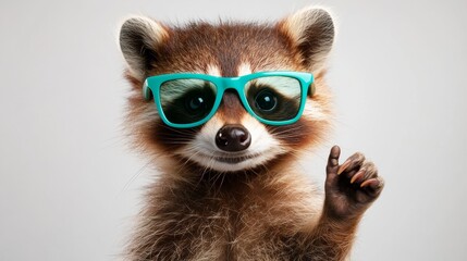 raccoon wearing sunglasses, flashing rock-on gesture with one paw, against simple backdrop with copy space