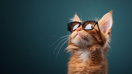 funny ginger cat with wearing stylish sunglasses, isolated on background with copy space