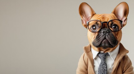 French bulldog in trendy jacket, tie, and glasses. background is neutral, creating wide banner with clean space on right for text