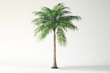 Obraz premium Tall tropical palm tree with lush green fronds on a white background symbolizing paradise, relaxation, and summer vacations in a vibrant atmosphere