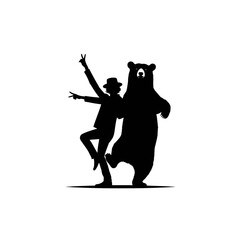 Black silhouette vector of a person dancing with a bear on white background