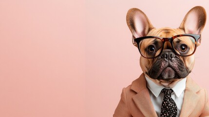 French bulldog in trendy jacket, tie, and glasses. background is neutral, creating wide banner with clean space on right for text