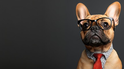 French bulldog in trendy jacket, tie, and glasses. background is neutral, creating wide banner with clean space on right for text