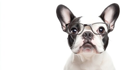 French bulldog in trendy jacket, tie, and glasses. background is neutral, creating wide banner with clean space on right for text