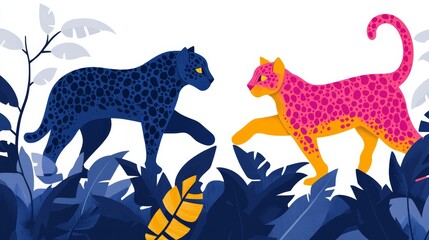 Vibrant pixelated composition portraying two stylized panthers facing each other amidst lush jungle vegetation digital art for modern designs