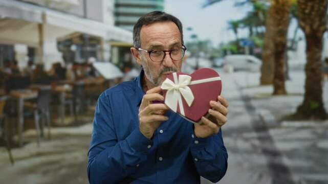 Middle-aged hispanic man with glasses holds heart-shaped gift outdoors at a restaurant terrace, smiling enthusiastically while standing near seating area and trees.