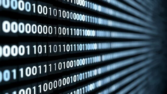Rows of bright white binary code scroll horizontally across a dark screen, representing digital data.
