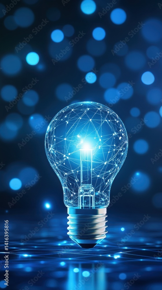 Poster a digitally enhanced light bulb represents innovation solutions with copy space for text on a shimme