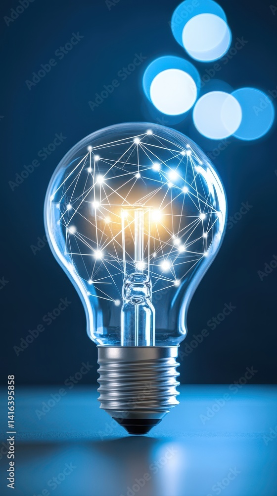 Poster innovative digital solution illuminated within a lightbulb, showcasing connectivity with copy space 