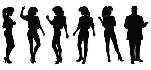  80s dancing people set silhouettes with a white background