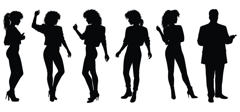  80s dancing people set silhouettes with a white background
