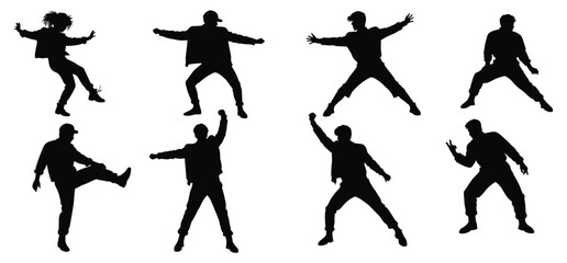  80s dancing people set silhouettes with a white background