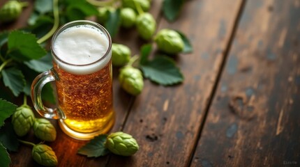 A glass of light beer on a wooden table with hops next to the glass, illustration for advertising a brewery or a pub