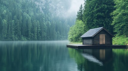 Fototapeta premium A serene wooden cabin sits beside a tranquil lake surrounded by lush green forest creating an idyllic secluded getaway spot with copy space for text or graphics.