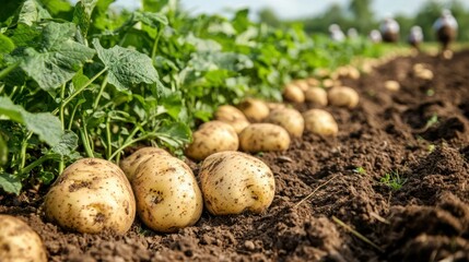 A vast potato crop field with workers harvesting fresh potatoes, with the soil rich and ready for the new season.