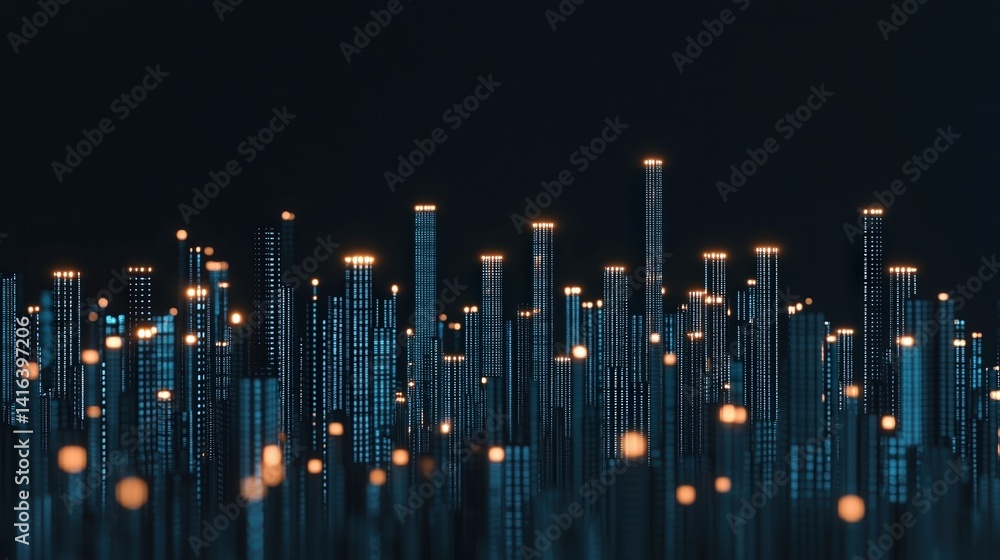 Poster a vibrant digital cityscape illuminated by glowing vertical lines and dots against a dark background