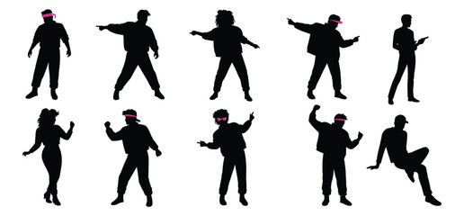  80s dancing people set silhouettes with a white background