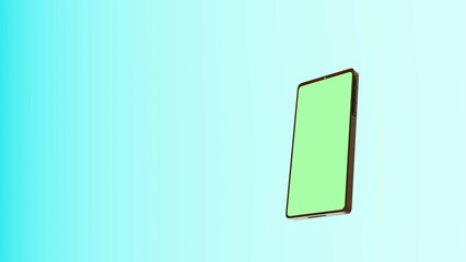 Tilted smartphone mockup with green chroma screen on turquoise gradient background for app showcase or digital content presentation