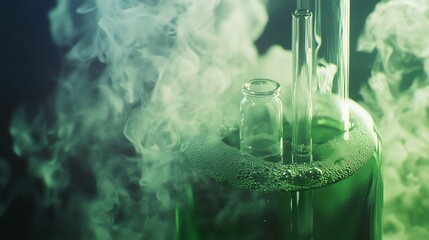 Experiment with Glassware and Green Liquid Creating a Mysterious Fog Effect