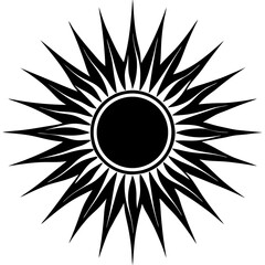 Line art vector silhouette of a bright sun with rays extending outward 