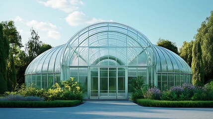 Visiting a Greenhouse with Glass Dome and Lush Landscaping