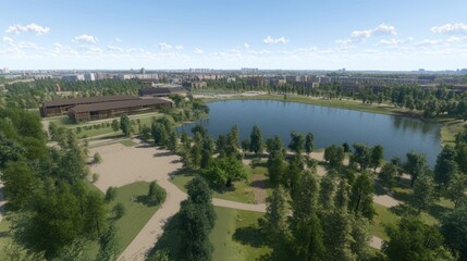 Park, city, lake, buildings, sunny day
