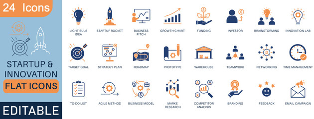 Startup and innovation icon set in flat style. Includes business growth, funding, strategy, teamwork, productivity, and more. Perfect for presentations and UI UX design.