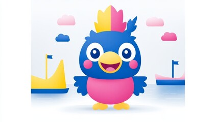 Fototapeta premium Adorable pixelated avian character with a playful crown in a charming nautical scene perfect for whimsical designs and children's illustration projects