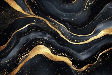 Abstract dark gray waves with glittering gold trails and sparkles luxury theme